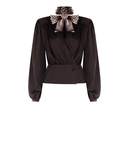 Blouse portefeuille en satin avec col en V et foulard amovible orné du logo Rinascimento