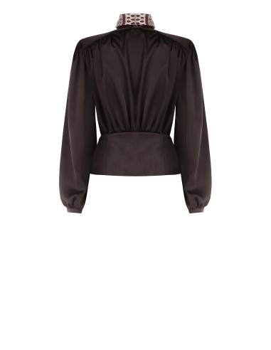 Wikkelblouse van satijn met V-hals en afneembare foulard met logo van Rinascimento