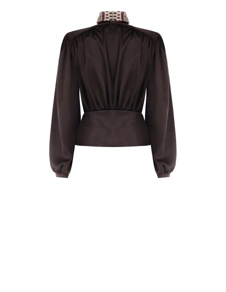 Blouse portefeuille en satin avec col en V et foulard amovible orné du logo Rinascimento