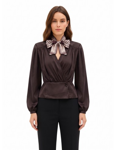 Wikkelblouse van satijn met V-hals en afneembare foulard met logo van Rinascimento