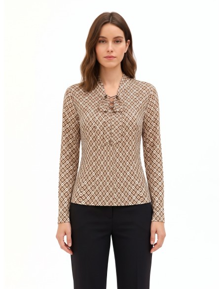 Blouse en viscose à motif géométrique avec col en V et nœud Rinascimento