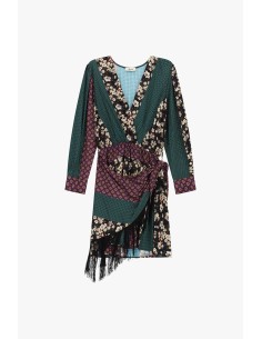 Robe courte imprimée patchwork avec franges latérales Dixie