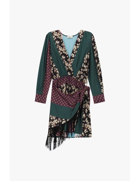 Korte jurk met patchworkprint en franjes aan de zijkant Dixie