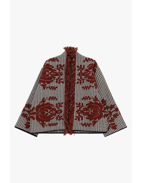 Dixie jacquardcape met bloemenmotief en franjes