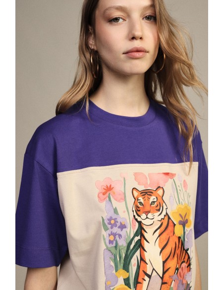 Dixie T-shirt met tijger- en bloemenprint en korte mouwen