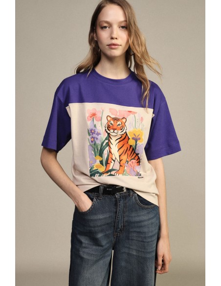 T-shirt à imprimé tigre et fleurs à manches courtes Dixie