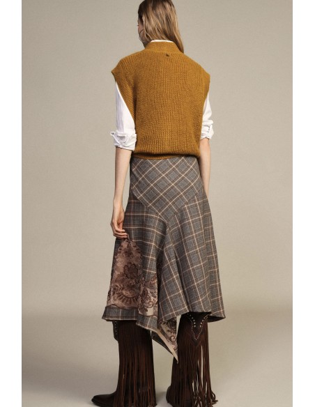 Dixie midi-rok met ruitpatroon en asymmetrische inzetstuk
