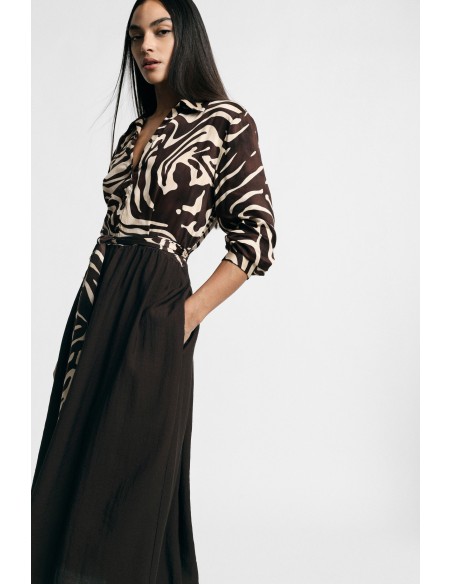 Robe midi à imprimé zébré, ceinture et col classique, s’il vous plaît