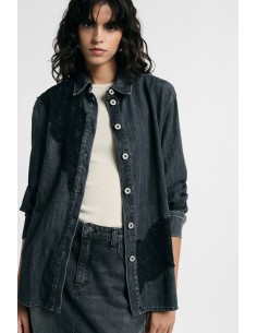 Denimblouse met kanten inzetstukken en knopen aub