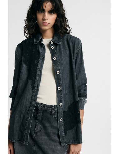 Denimblouse met kanten inzetstukken en knopen aub