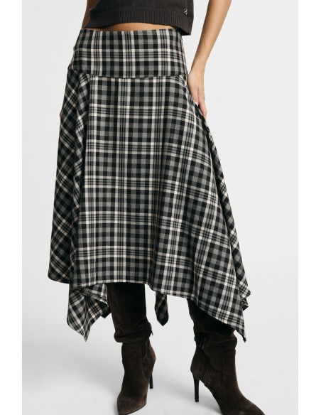 Asymmetrische geruite midi-rok met hoge taille alstublieft
