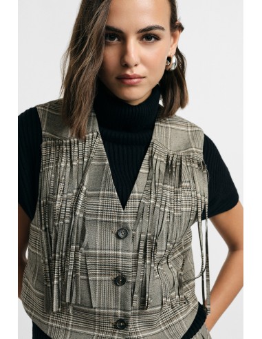 Gilet à carreaux avec franges et fermeture boutonnée Please