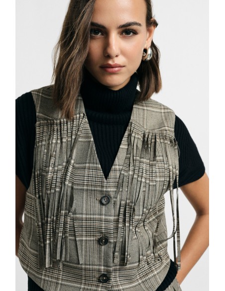 Gilet à carreaux avec franges et fermeture boutonnée Please