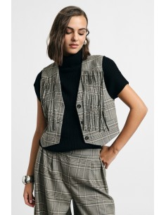 Gilet à carreaux avec franges et fermeture boutonnée Please