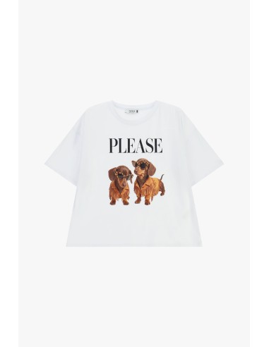 T-shirt à manches courtes avec imprimé de chiens et inscription sur le devant Please