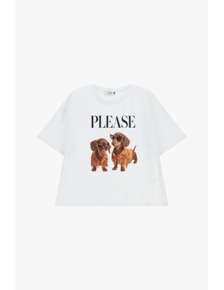 T-shirt à manches courtes avec imprimé de chiens et inscription sur le devant Please