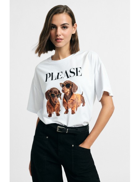 T-shirt à manches courtes avec imprimé de chiens et inscription sur le devant Please