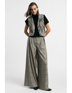 Pantalon palazzo à carreaux avec plis sur le devant