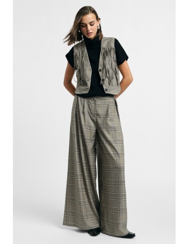 Pantalon palazzo à carreaux avec plis sur le devant