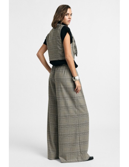 Pantalon palazzo à carreaux avec plis sur le devant