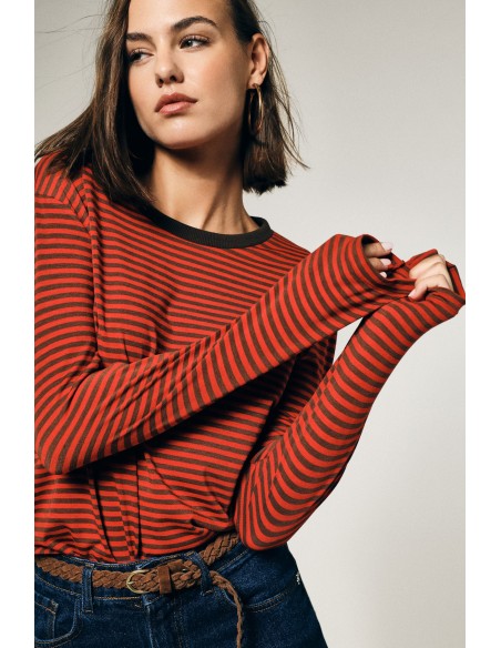Gestreept T-shirt met ronde hals en lange mouwen Please