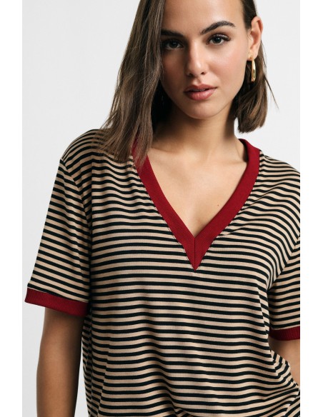 T-shirt à rayures avec col en V et bordures contrastantes, s’il vous plaît