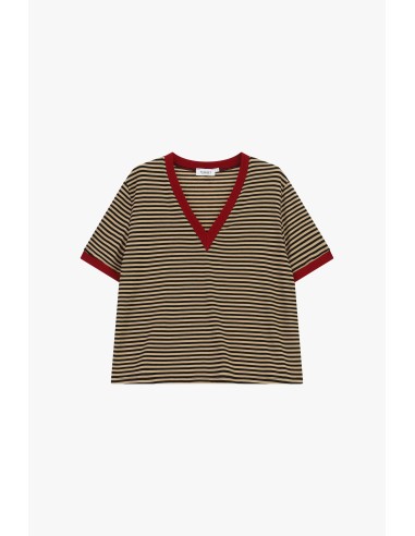 T-shirt à rayures avec col en V et bordures contrastantes, s’il vous plaît