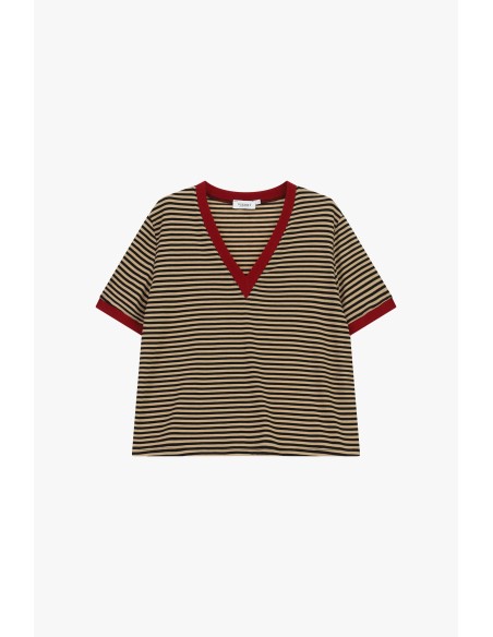 Gestreept T-shirt met V-hals en contrasterende boorden Please