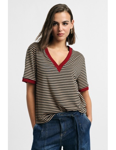 Gestreept T-shirt met V-hals en contrasterende boorden Please