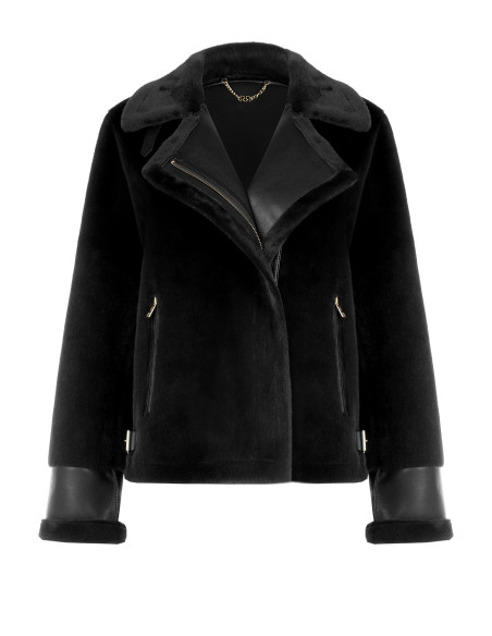 Veste courte en fausse fourrure avec détails en similicuir et poches avant zippées dorées Rinascimento
