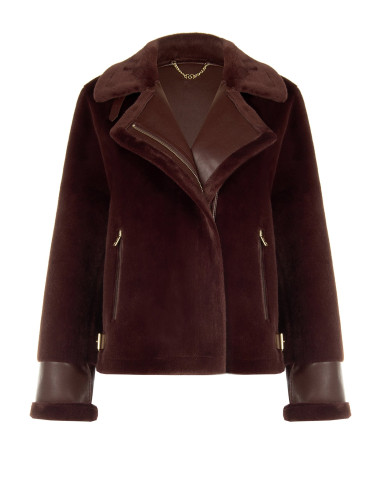Veste courte en fausse fourrure avec détails en similicuir et poches avant zippées dorées Rinascimento