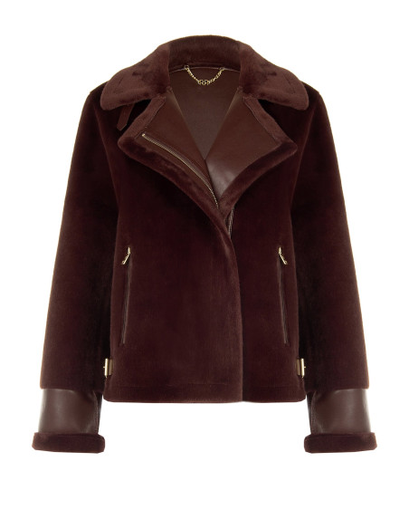 Veste courte en fausse fourrure avec détails en similicuir et poches avant zippées dorées Rinascimento