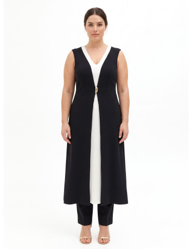 Robe longue grande taille en scuba crêpe bicolore avec empiècement plissé contrastant Rinascimento Curvy