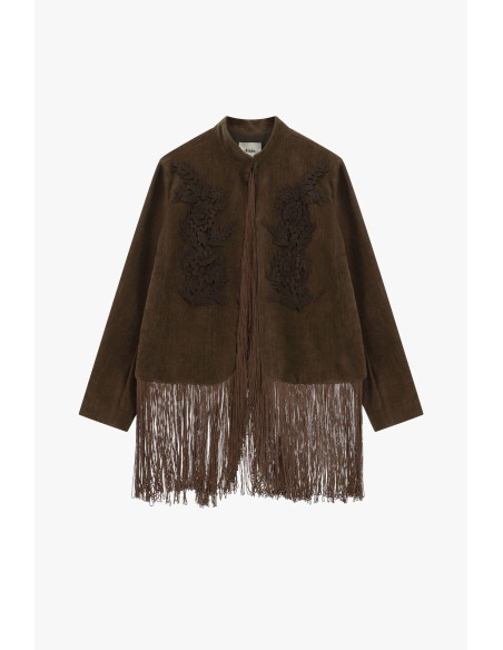 Veste en éco-fourrure avec broderie florale et franges Dixie