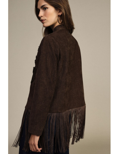 Veste en éco-fourrure avec broderie florale et franges Dixie