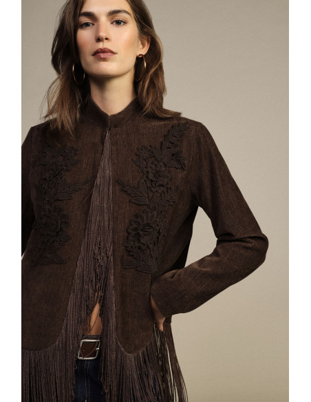 Veste en éco-fourrure avec broderie florale et franges Dixie