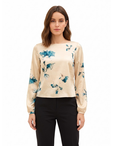 Blouse Ample et Fluide en Satin Fleuri Rinascimento