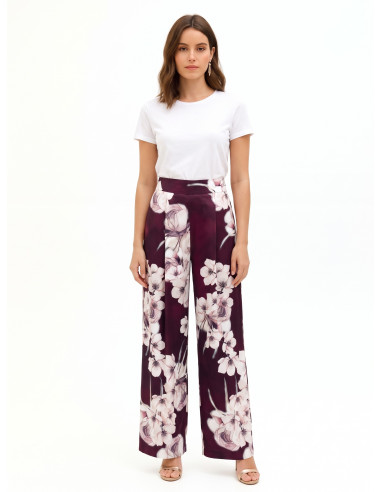 Pantalon palazzo en satin fleuri avec pinces Rinascimento