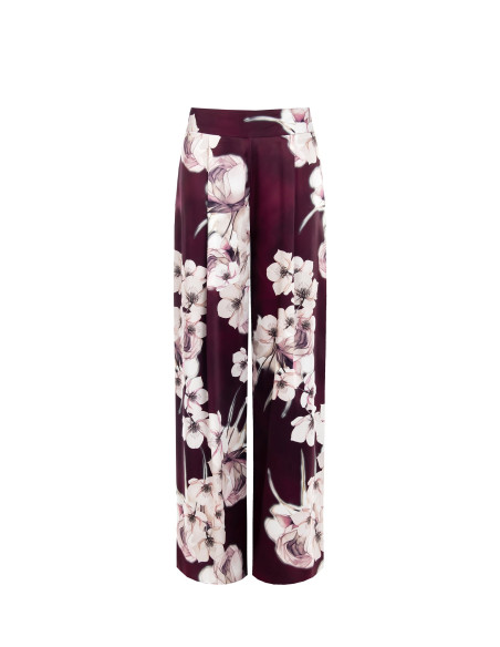 Pantalon palazzo en satin fleuri avec pinces Rinascimento