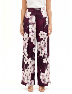 Pantalon palazzo en satin fleuri avec pinces Rinascimento