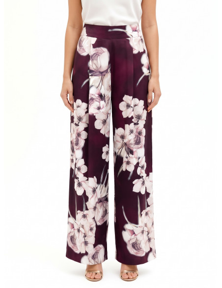 Pantalon palazzo en satin fleuri avec pinces Rinascimento