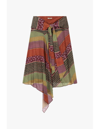 Jupe midi à motifs patchwork avec large ceinture à nouer Dixie