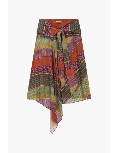 Midi-rok met patchworkpatroon en geknoopte riem Dixie