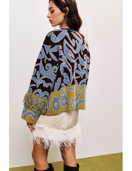 Cardigan jacquard à franges et fermeture nouée Dixie