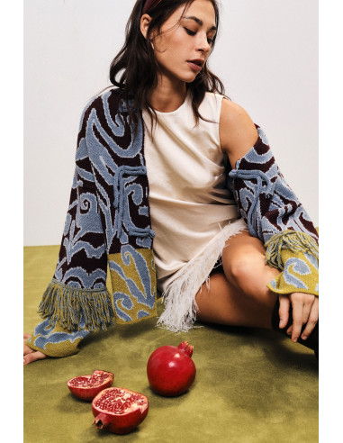 Cardigan jacquard à franges et fermeture nouée Dixie