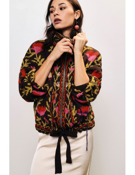 Cardigan zippé à motif floral jacquard Dixie