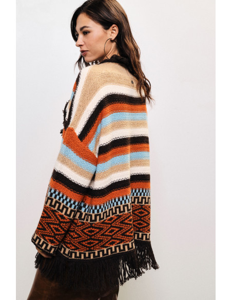 Poncho met franjes en geometrische motieven Dixie