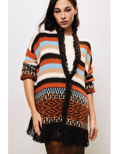 Poncho met franjes en geometrische motieven Dixie