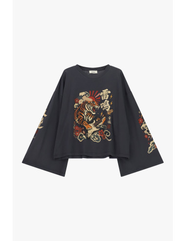 T-shirt à manches longues style kimono imprimé tigre Dixie