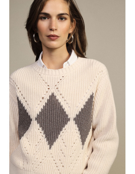 Pull col rond à motif de losanges ajourés Dixie